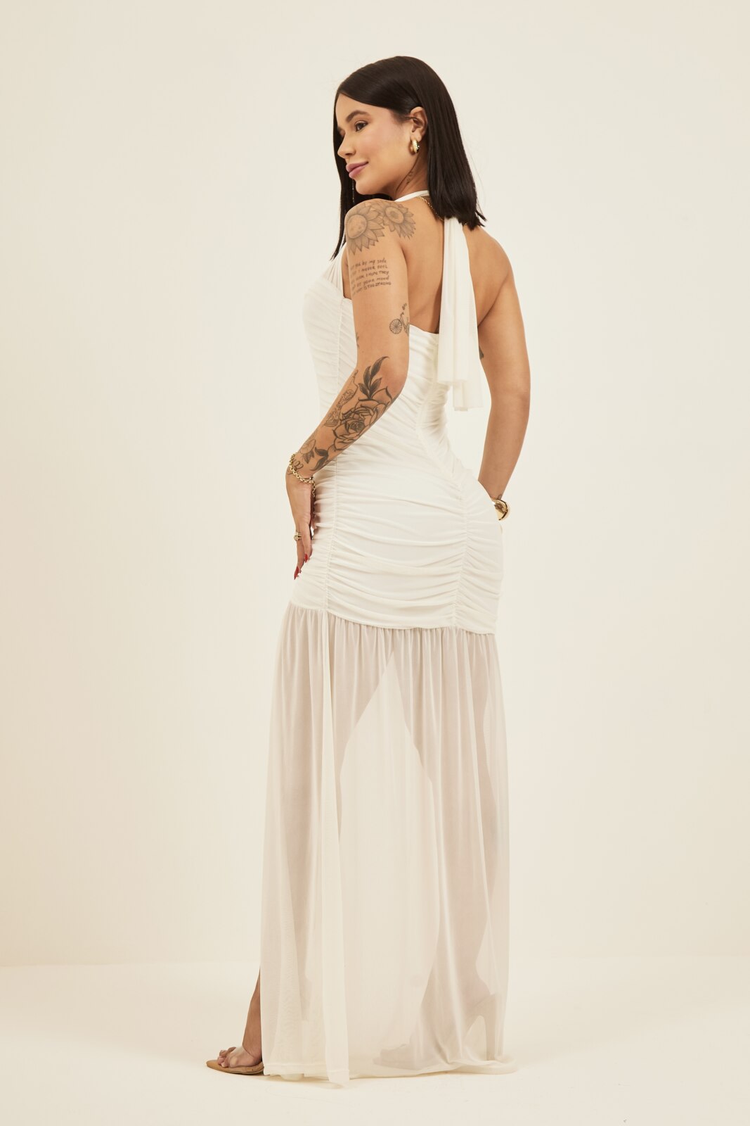 Vestido longo tule franzido Cristiane