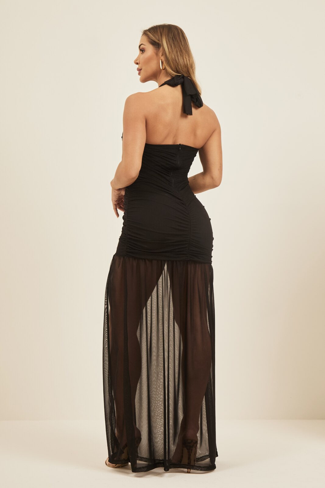 Vestido longo tule franzido Cristiane